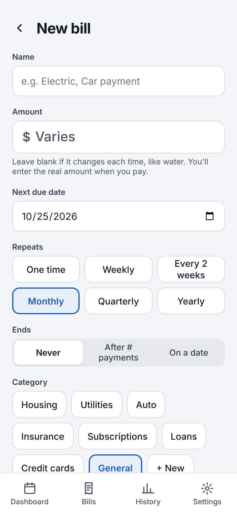 Add bill screen