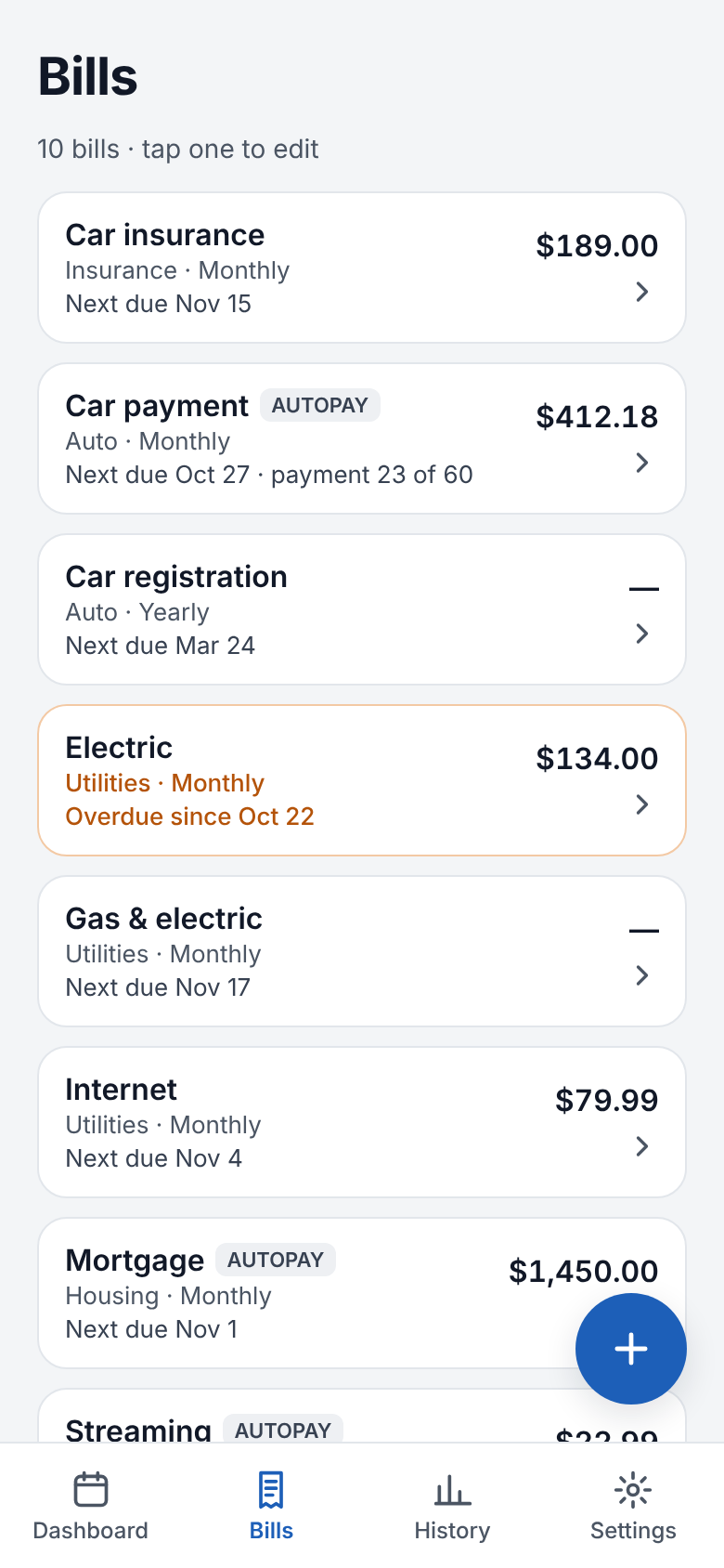 Bills list showing each bill's amount, category and next due date