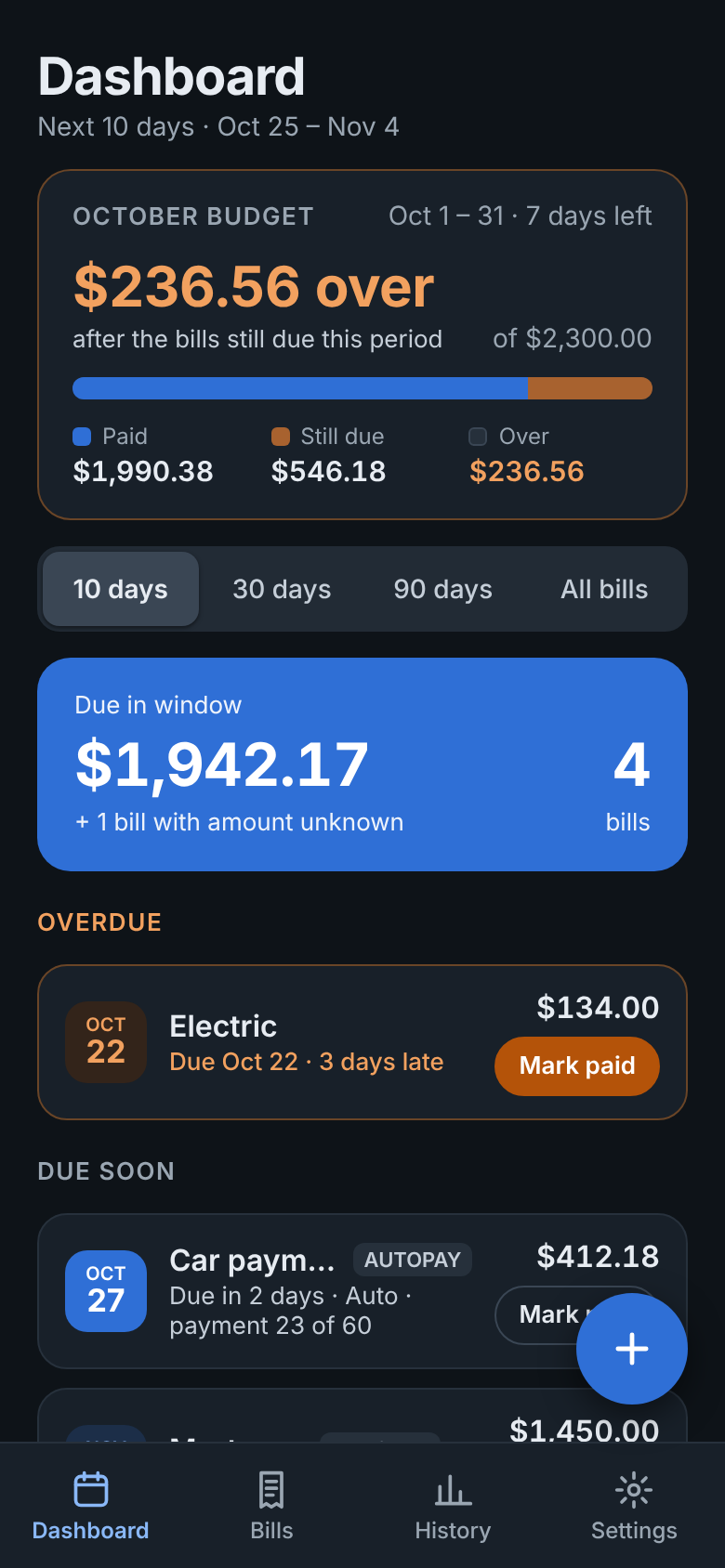 BillTrack dashboard in dark mode