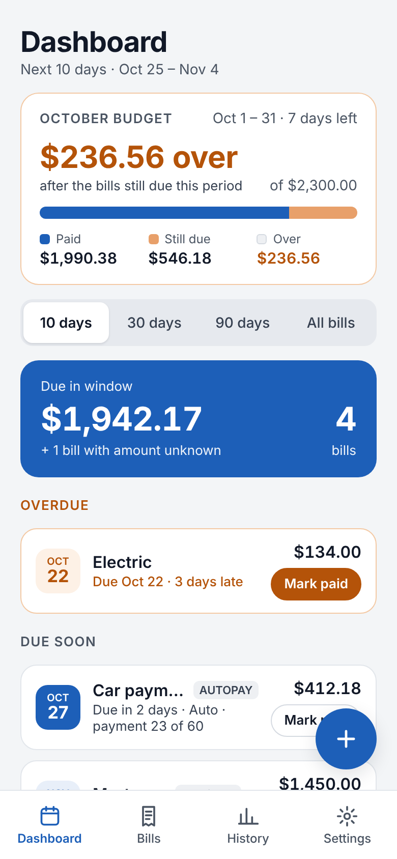 BillTrack dashboard showing the monthly budget, total due in the next 10 days, and an overdue bill