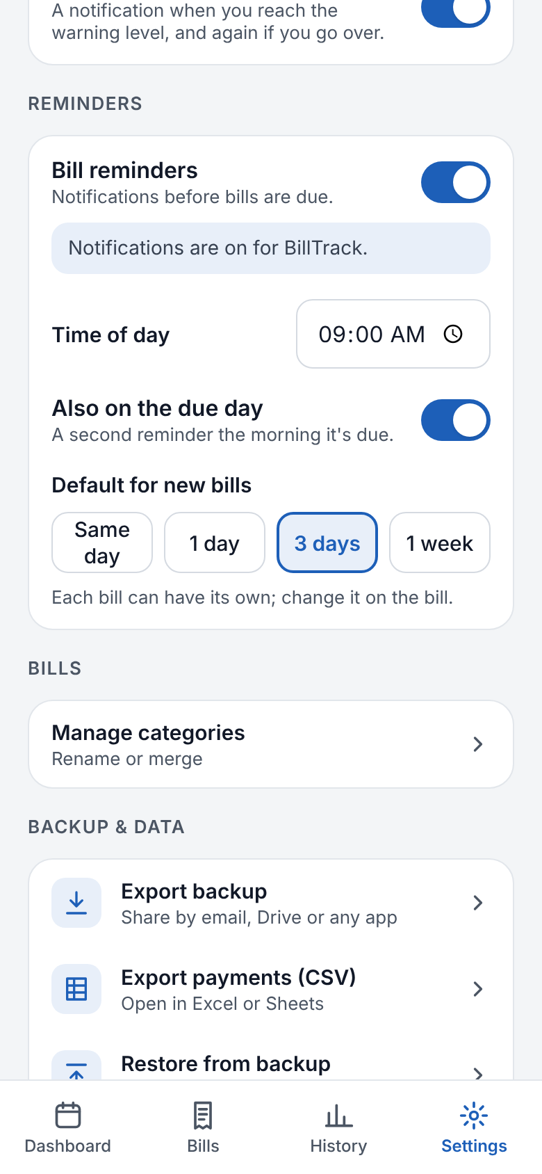 Reminder settings: time of day, due-day reminder, and default lead time